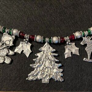 Vintage Signed MARCIE Christmas Holiday Necklace Pewter Charms and Glass Beads